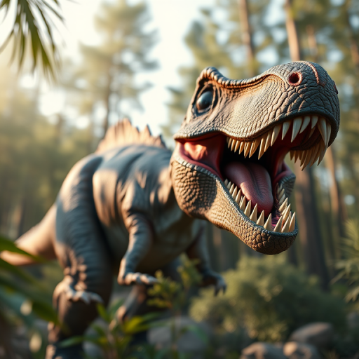Create a highly detailed 3D rendering of a roaring dinosaur in a natural environment, using a DSLR camera with a 50mm lens, aperture f/1.8, ISO 100, shot from a low angle at eye level, with soft natural lighting to enhance texture and realism.