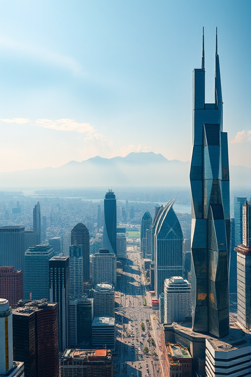 Aerial view of a futuristic cityscape with towering skyscrapers and mountains in the background, shot with a Canon EOS R5, aperture f/8, ISO 100, shutter speed 1/200s, using HDR imaging for enhanced details and vibrant colors.