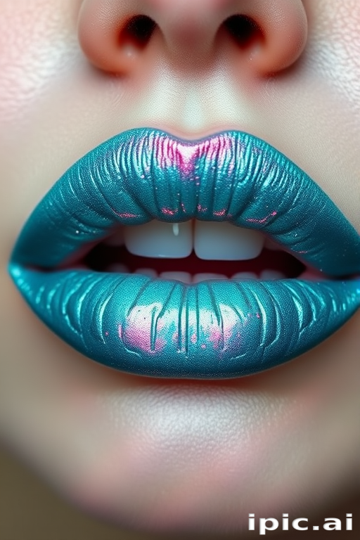 Shimmering turquoise lips with a duochrome effect, christened "Mermaid's Kiss," offering a color-shifting finish and oceanic inspiration for unique makeup