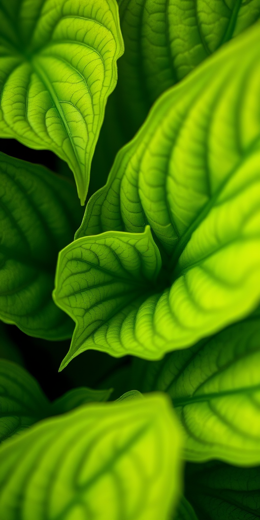 Regenerate a vibrant close-up image of lush hosta leaves with intricate textures and variations in green hues, captured with a macro lens on a full-frame DSLR camera, aperture f/2.8, shutter speed 1/200s, ISO 100, soft natural lighting for enhanced depth and detail.