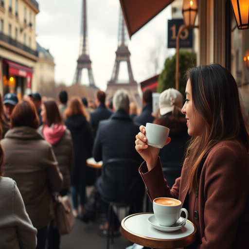 Crowded cafe in Paris, the Eiffel Tower visible in the distance, a woman sipping a cappuccino, watching the world go by from her small, round table.
