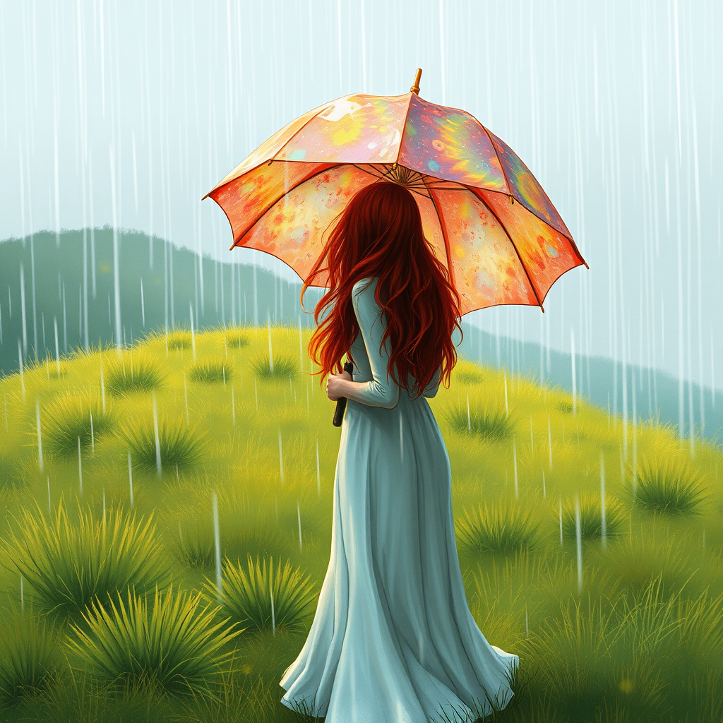 A surreal hand-drawn digital artwork depicting a mysterious red-haired woman standing on a grassy hill under the rain. She holds an umbrella crafted from iridescent zircon, its vibrant sheen contrasting with the soft, rainy atmosphere. The scene feels dreamlike, blending the natural elements of the hill and rain with the otherworldly shimmer of the umbrella.