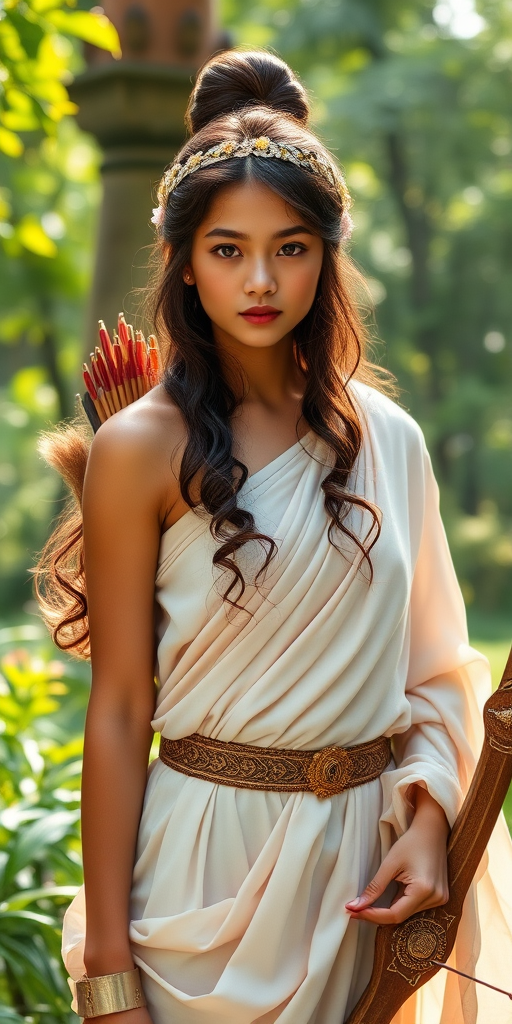 Create a portrait of a goddess-like Indonesian girl figure in a tranquil, forested environment. She has an elegant appearance with long, wavy hair styled in an updo and adorned with a delicate, floral headband. She wears a flowing, ancient Greek-inspired gown in a soft, pale color, featuring a one-shoulder design and draped fabric that accentuates her graceful form. The outfit includes a decorative belt with ornate gold detailing, and she holds a bow in her hand, with a quiver of arrows slung over her shoulder. The background depicts lush greenery, with sunlight filtering through the trees, casting a gentle, ethereal light on the scene. Her expression is calm and contemplative, embodying a sense of wisdom and serenity.