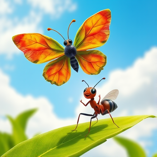 Create an illustration of a cheerful butterfly made of leaves flying above an excited ant celebrating on a green leaf, with a blue sky and fluffy clouds in the background, with vibrant colors and playful details, shot with a DSLR camera at f/8 aperture, ISO 100, 50mm lens, and a slightly angled aerial view to enhance clarity and depth.