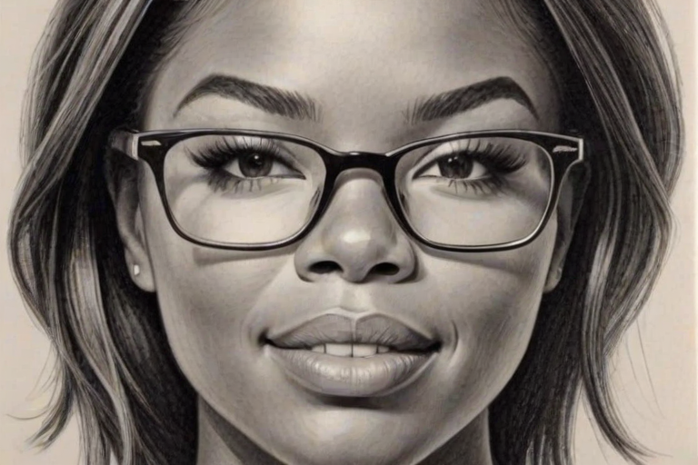 Appealing Gabrielle Union, pencil sketch, portrait of Alluring woman 1959s in glasses, hair style beatnik, outline, clear lines, fine lines, 8k