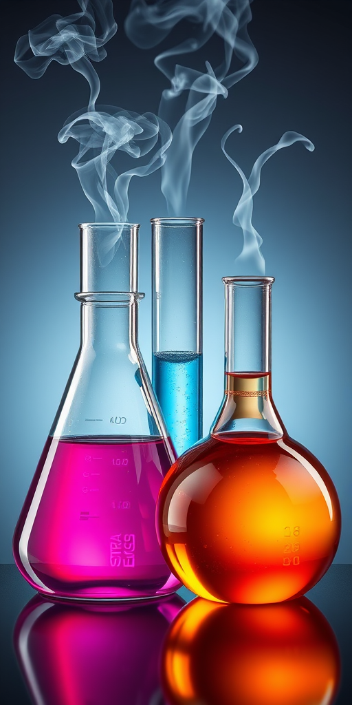 Create a detailed illustration of three laboratory glassware pieces including a beaker, a flask, and a round-bottom flask, all filled with colorful liquids and emitting steam, high resolution, shot with a 50mm lens, f/2.8 aperture, soft lighting, from a slightly elevated angle to emphasize the glass textures.