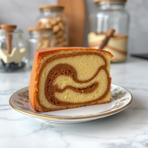 Generate an image of a slice of marble cake on a decorative plate. The cake should have distinct layers of light and dark brown, showcasing a smooth texture. Include a blurred background with glass jars and a marble countertop to create a cozy kitchen atmosphere.