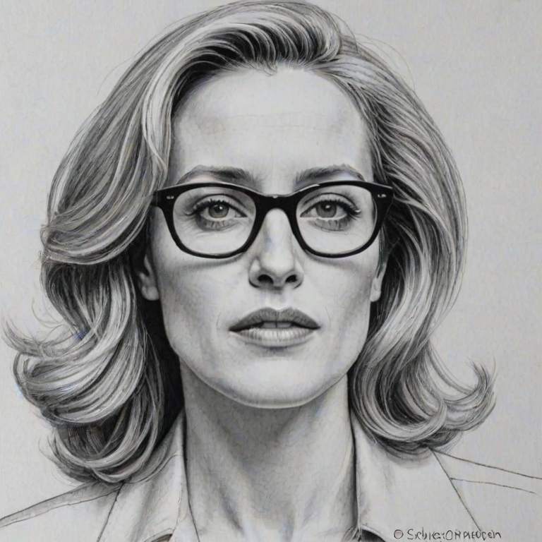 Splendid Gillian Anderson, pencil sketch, portrait of Captivating woman 1975s in glasses, hair style beatnik, outline, clear lines, fine lines, 8k
