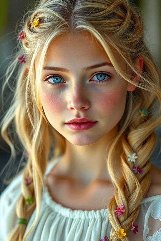 Create an image of a young Micronesian woman with long, wavy blonde hair, adorned with small, colorful flowers woven into her braids and loose strands. Her complexion is fair, with soft, glowing skin, and she has light blue eyes that gaze softly at the viewer. She wears a light, flowing dress with a gentle, ethereal quality, complementing her delicate and serene appearance. The background is slightly blurred, drawing focus to her tranquil expression and the intricate details of the flowers in her hair. The overall mood of the image is one of natural beauty and grace, evoking a sense of peacefulness and connection with nature.