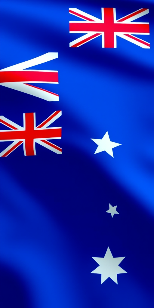 Design a vibrant Australia flag with a rich blue background, featuring a bright Union Jack in the top left corner, and a large white star with smaller white stars arranged beneath it, captured with a DSLR camera at f/8, ISO 100, and a 50mm lens in daylight for sharp details and vivid colors.