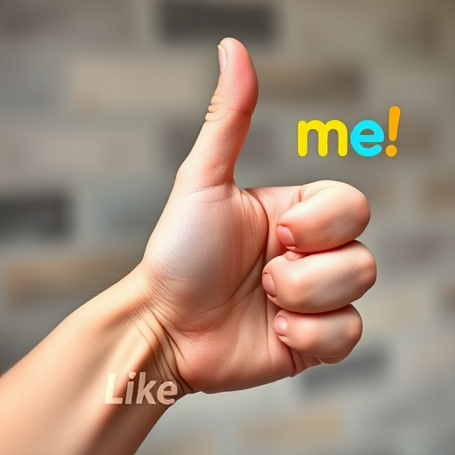 Create an image of a hand giving a thumbs-up with colorful, playful text saying "Like me!" in various vibrant colors, captured with a Canon EOS R5, 50mm f/1.2 lens, at f/2.8 aperture, ISO 100, and natural lighting to enhance clarity and vibrancy.