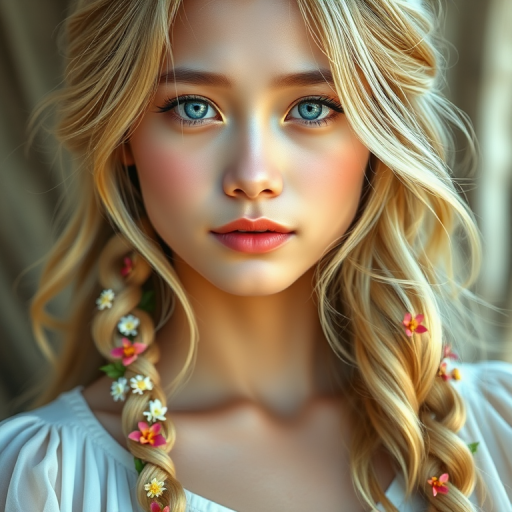 Create an image of a young Thai woman with long, wavy blonde hair, adorned with small, colorful flowers woven into her braids and loose strands. Her complexion is fair, with soft, glowing skin, and she has light blue eyes that gaze softly at the viewer. She wears a light, flowing dress with a gentle, ethereal quality, complementing her delicate and serene appearance. The background is slightly blurred, drawing focus to her tranquil expression and the intricate details of the flowers in her hair. The overall mood of the image is one of natural beauty and grace, evoking a sense of peacefulness and connection with nature.
