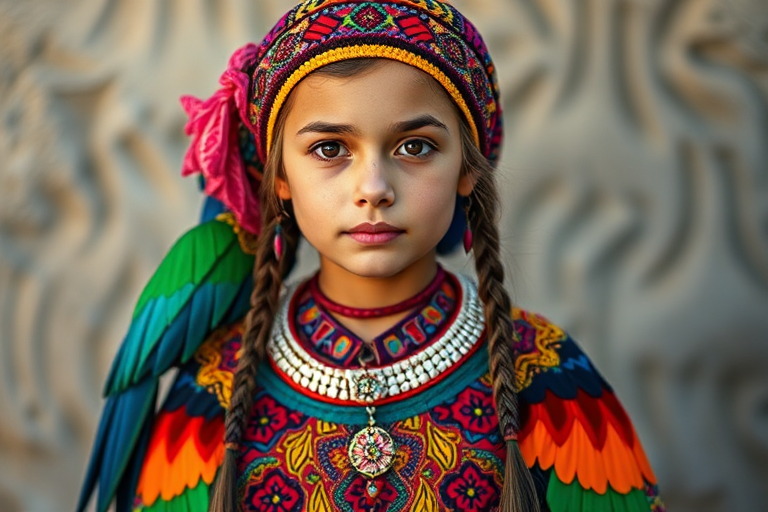 A beautiful Kurdish girl, wearing colorful bird clothing with vibrant colors