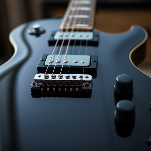 Close-up of a black electric guitar with a focus on the body and bridge, captured with a Canon EOS 5D Mark IV at f/2.8, ISO 100, shutter speed 1/200s, in natural light, shallow depth of field for a blurred background.