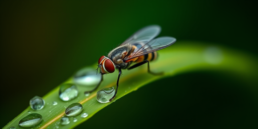 Macro shot of a fly on a green leaf with dew drops, using a Canon EOS 5D Mark IV, 100mm f/2.8L macro lens, aperture f/4, ISO 100, shutter speed 1/200s, natural light, shallow depth of field, focused on the fly with soft bokeh background.