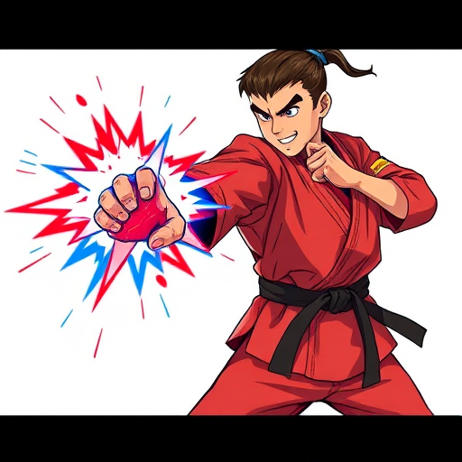 Create a high-resolution digital illustration of a martial artist in a red gi executing a powerful punch, with a dynamic energy blast in blue and red emanating from their hands, using a 50mm lens, f/2.8 aperture, 1/200s shutter speed, in a vibrant cartoon style with clear, bold outlines for enhanced color contrast.