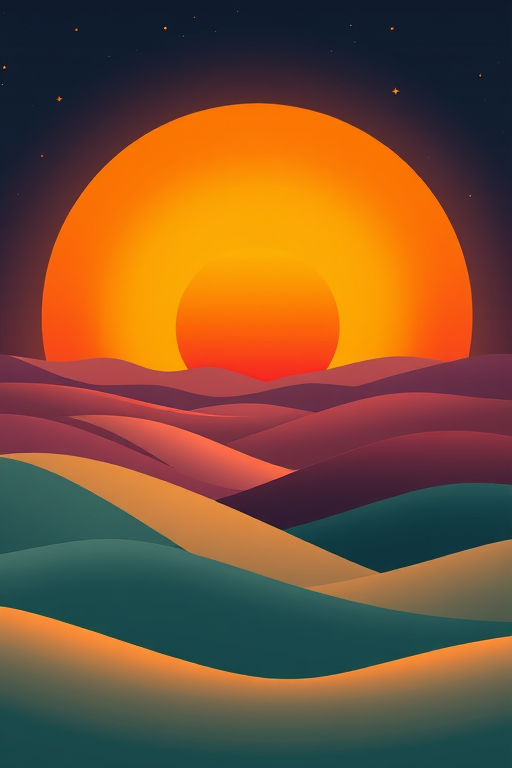Create a circular landscape illustration featuring a vibrant sunset with a large orange sun, rolling hills in pastel colors, and subtle star details against a dark sky, captured with a DSLR camera at f/8 aperture, 24mm lens, ISO 100, and a soft focus for a dreamy effect.
