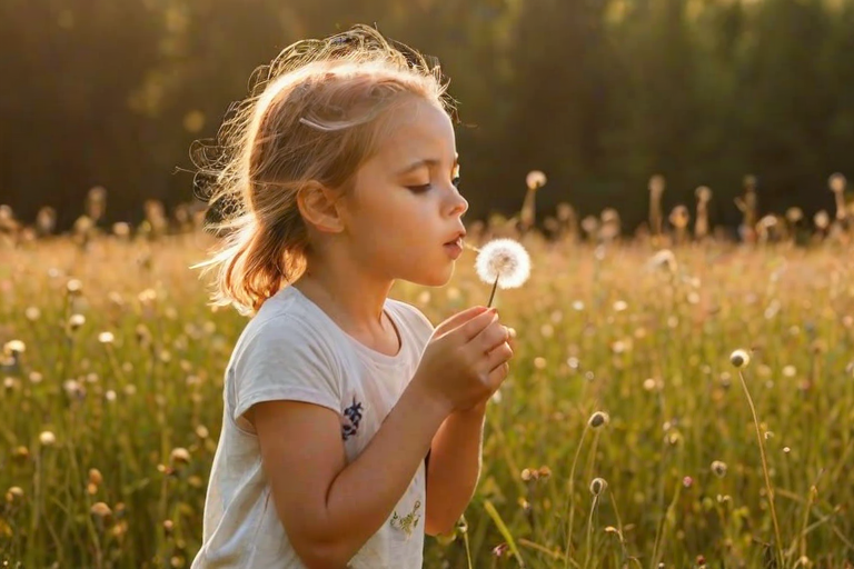Softly focused image of a child blowing on a dandelion, seeds scattering into the wind, with warm sunlight casting a golden hue over the field of grass and wildflowers behind them.