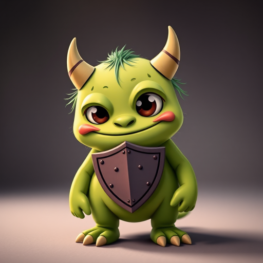 create a cartoon-style illustration of a cute monster with a green body, two small horns, and a triangular shield-like face, using a DSLR camera with a 50mm lens, aperture f/2.8, ISO 100, in a well-lit studio setting with a soft-focus background