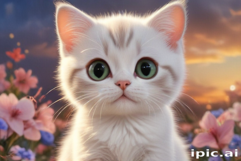 A Cute White Kitten Surrounded by Colorful Flowers Under a Beautiful Sky