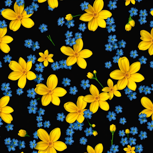 Create a repeating floral pattern featuring vibrant yellow flowers and blue blossoms on a black background, captured with a DSLR camera at f/2.8, ISO 100, 50mm lens, top-down view, macro photography style.
