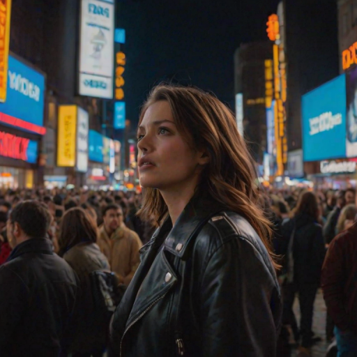 Crowded city square at night, illuminated by towering billboards and neon signs, a woman in a leather jacket stands among the bustling crowd, looking up at the lights with a thoughtful expression.