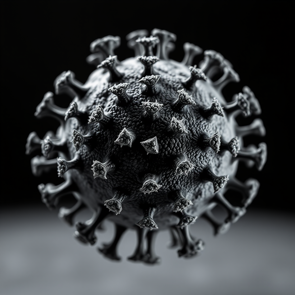 Create a highly detailed macro shot of a virus structure with a focus on intricate surface textures and spikes, using a Canon EOS R5 with a 100mm f/2.8 macro lens, aperture set to f/11, ISO 100, and a shutter speed of 1/200 sec on a black background for contrast.