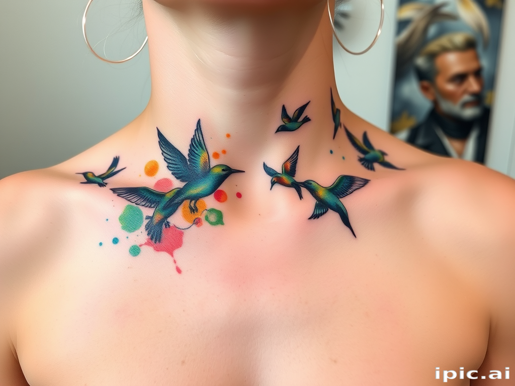 Whimsical watercolor body tattoo depicting a flock of birds in flight across the collarbone and chest, with splashes of vibrant color and loose, flowing lines