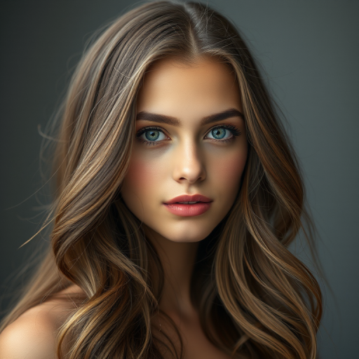 Regenerate an artistic portrait of a young woman with long, wavy hair and a soft expression, using a Canon EOS R5 camera, 50mm lens, f/1.8 aperture, ISO 100, and a soft focus background to enhance depth and detail.