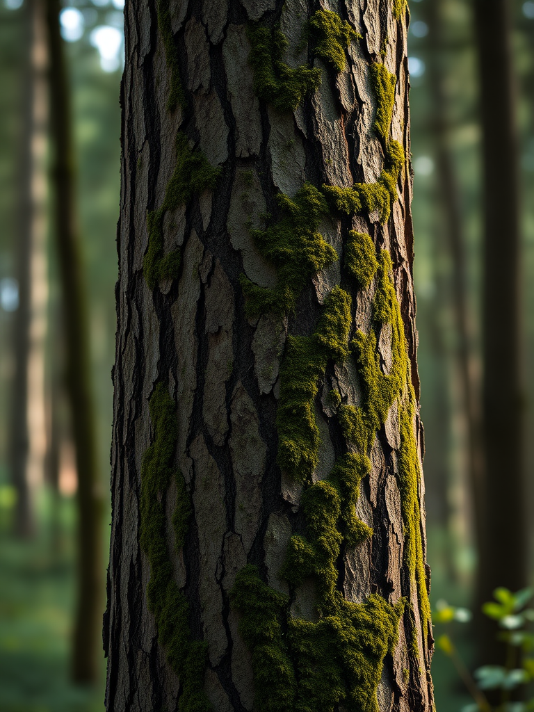 Generate a high-resolution image of a tall tree trunk with textured bark and green moss, shot with a Canon EOS R5, 85mm lens, f/1.8 aperture, ISO 100, natural lighting, shallow depth of field, capturing a blurred forest background for depth.