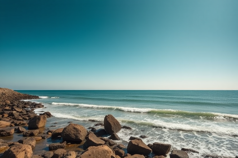 Capture a serene seascape with gentle waves lapping against rocky shorelines under a clear blue sky, using a Canon EOS 5D Mark IV at f/11, shutter speed of 1/4 sec, ISO 100, with a polarizing filter for enhanced colors and contrast.