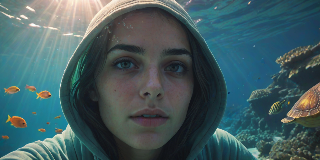 Realistic selfie image of a Chaldean, wearing a vintage outfit, detailed dreamy eyes, droopy hooded eyes, staring at the camera, taken underwater at coral reef with a sunbeam filtering through the water, vibrant, summer vacation, natural lighting, turtle and school of tropical fish with vibrant colors, rendered in the style of CryEngine, Pegi Nicol MacLeod, with realistic genre scenes, hauntingly beautiful narratives, ultra-realism, and Thomas Saliot's close-up technique, 8K resolution, crystal clear and sparkling water.