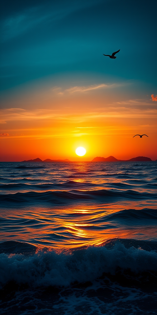 create a vibrant sunset seascape with silhouettes of distant islands, birds flying, and dynamic ocean waves in shades of blue and yellow, captured with a full-frame camera, f/8 aperture, 1/200 sec shutter speed, ISO 100, wide angle lens, high dynamic range style for enhanced color depth and detail
