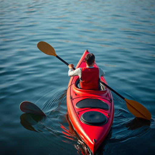 Regenerate the image of a person paddling a red kayak in calm water, shot with a Nikon D850, 85mm lens, aperture f/4, shutter speed 1/500s, ISO 200, with a focus on the subject against a vibrant background, capturing dynamic water ripples.