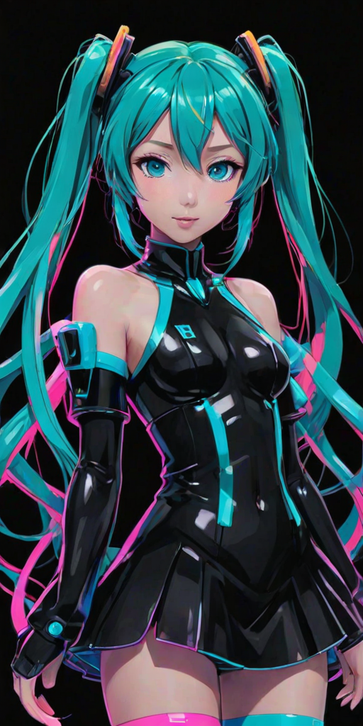 Hatsune Miku,limited palette,black background,colorful,vibrant,glowing outline,neon,blacklight,looking at viewer, masterpiece, very aesthetic