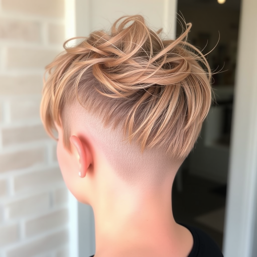Rose gold pixie undercut with delicate floral designs etched into the buzzed portions, called "Blossoming Dawn" hair, featuring a textured crown and wispy tendrils