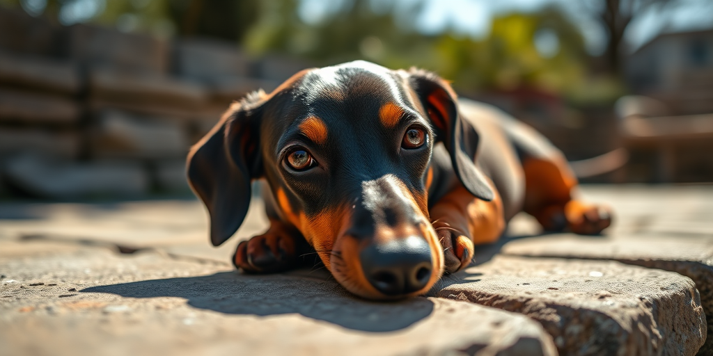 a relaxed dachshund lying on a stone surface in natural sunlight, close-up view, shallow depth of field, captured with a Canon EOS 5D Mark IV, aperture f/2.8, ISO 100, 50mm lens, soft focus background, high dynamic range