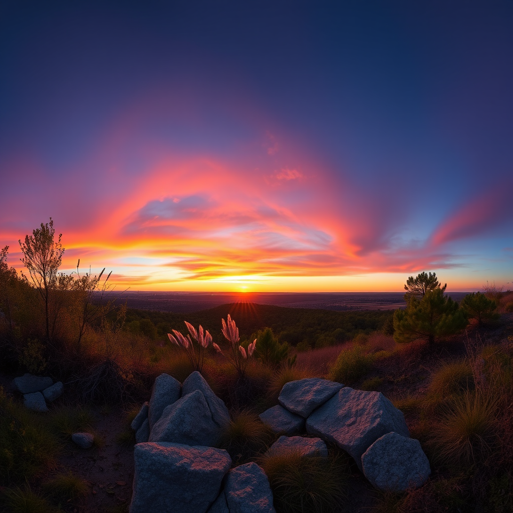Create a high-resolution image of a serene natural landscape at sunset, captured with a Canon EOS R5, 24mm lens, f/8 aperture, ISO 100, in a panoramic view with vibrant colors and sharp details.
