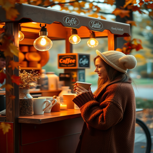 create a cozy scene of a coffee cart in autumn with a girl holding a coffee cup, featuring warm colors and soft lighting, shot with a Canon EOS R5, 50mm lens at f/2.8, ISO 100, 1/200 sec, in a natural light setting, emphasizing a whimsical and inviting atmosphere