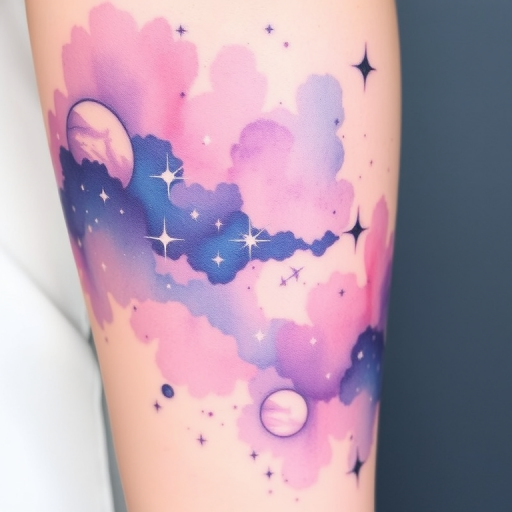 Ethereal watercolor galaxy tattoo called "Cosmic Dreams" depicting a dreamy expanse of stars, nebulae, and celestial bodies. Soft washes of purple, blue, and pink blend seamlessly, creating a magical atmosphere. Splashes of white ink represent twinkling stars, while fine black lines outline planets and constellations, adding structure to the ethereal design.