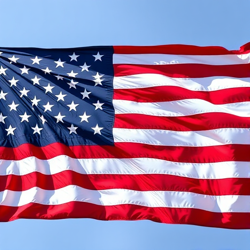 Create a high-resolution image of the American flag using a DSLR camera, 50mm lens, f/8 aperture, ISO 100, shot from a straight-on view with natural lighting to enhance color vibrancy.