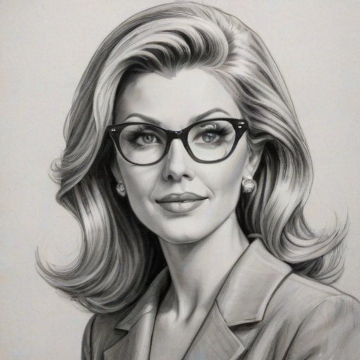 Ravishing Ainsley Earhardt, pencil sketch, portrait of Elegant woman 1957s in glasses, hair style beatnik, outline, clear lines, fine lines, 8k