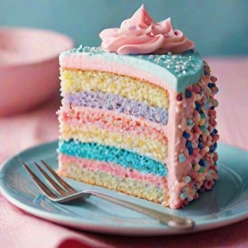Generate an image of a slice of pastel-colored cake with layers of pink and blue frosting. The cake should have a fluffy texture and be served on a simple white plate. Include some decorative frosting or sprinkles on top, and a soft, blurred background to emphasize the cake.