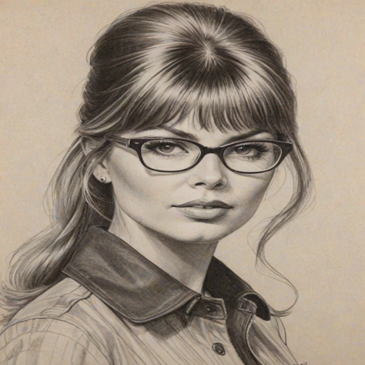 Enticing Fergie, pencil sketch, portrait of Beauteous woman 1963s in glasses, hair style beatnik, outline, clear lines, fine lines, 8k