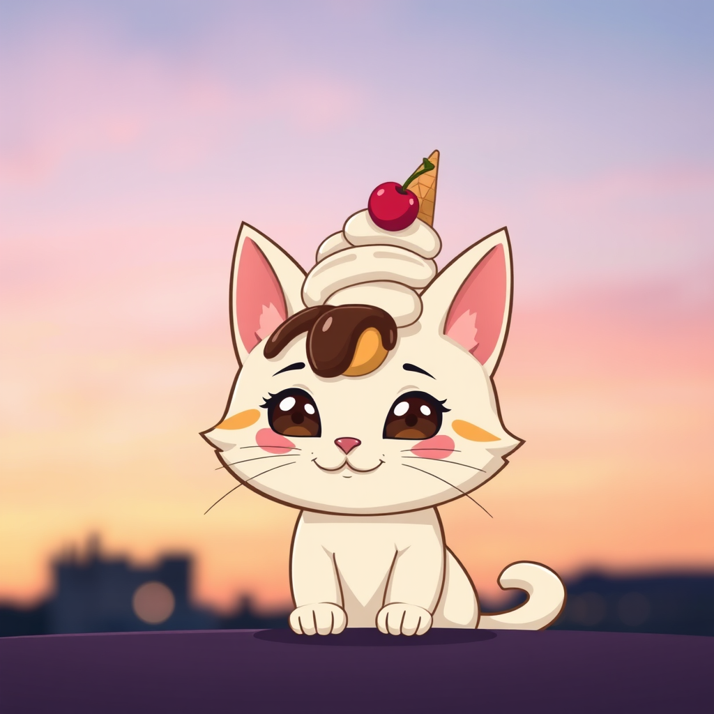 create a cute cartoon illustration of a cat with a whimsical ice cream cone hairstyle topped with chocolate syrup and a cherry, set against a pastel sky at sunset, use a Canon EOS R5 with 50mm f/1.2 lens, aperture set to f/2.8, ISO 200, and a soft focus background to enhance colors and details