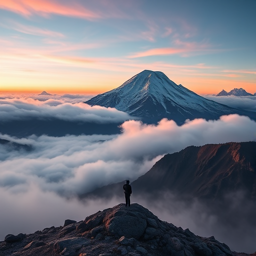 regenerate a high-resolution landscape image of a majestic snow-capped mountain surrounded by mist and clouds at sunrise with a solitary figure standing on a rocky outcrop in the foreground using a Canon EOS R5 camera, 24mm lens, f/8 aperture, ISO 100, 1/200 second shutter speed, with a wide-angle view and soft focus on the background to enhance depth and detail