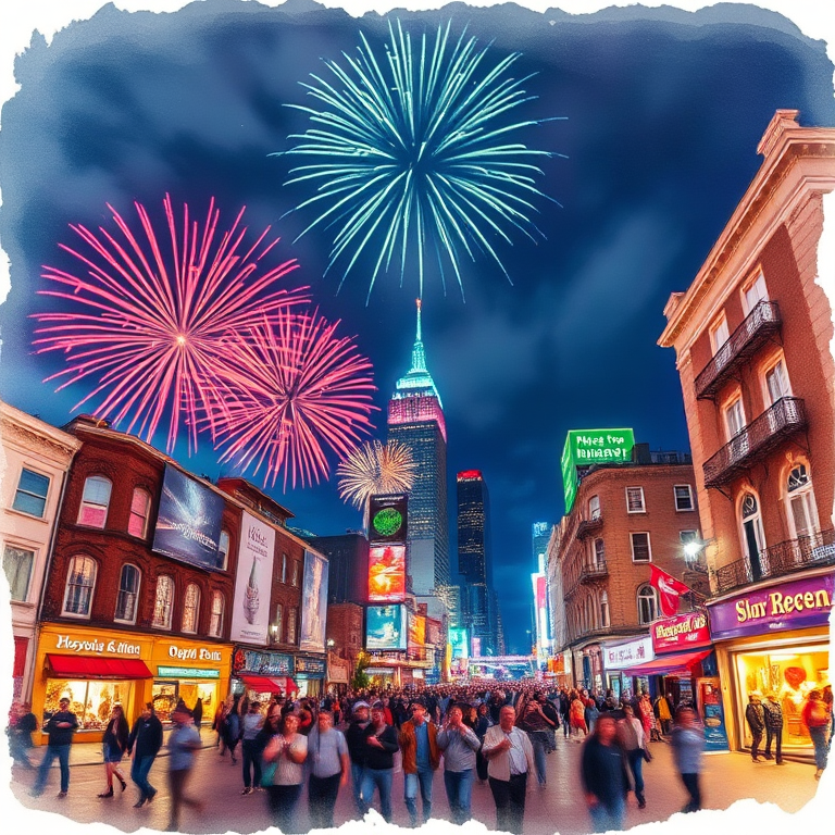 Regenerate a vibrant cityscape at night featuring colorful fireworks in the sky, with people celebrating on the streets, captured using a DSLR camera with a 24mm lens at f/8 aperture, ISO 200, and a long exposure of 2 seconds, in a watercolor style.