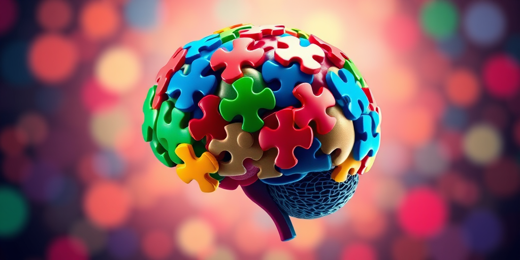 create an illustration of a colorful brain made of puzzle pieces, vibrant hues of red, blue, green, and yellow, with a glossy finish, using a 50mm lens, f/2.8 aperture, ISO 100, and a soft focus background, in high resolution digital art style