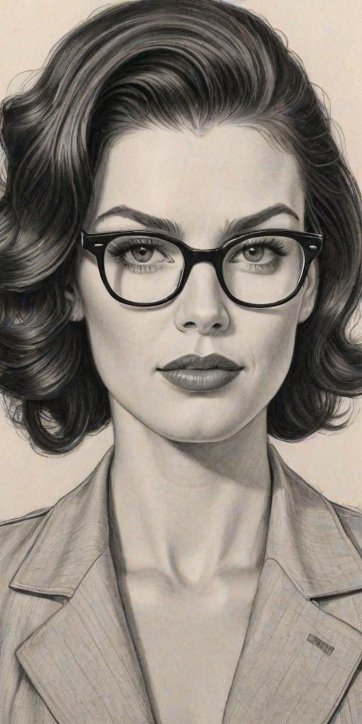 Bewitching Jessica Pare, pencil sketch, portrait of Stunning woman 1941s in glasses, hair style beatnik, outline, clear lines, fine lines, 8k