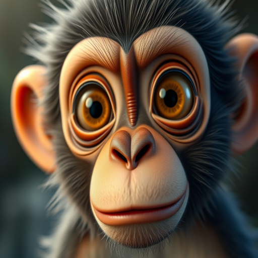 Close-up portrait of a hyper-realistic cartoon monkey with intricate fur details, expressive large eyes, soft lighting, ISO 100, f/2.8 aperture, 85mm lens, shot with a DSLR camera at eye level, using a shallow depth of field to emphasize the subject and create a bokeh effect in the background.